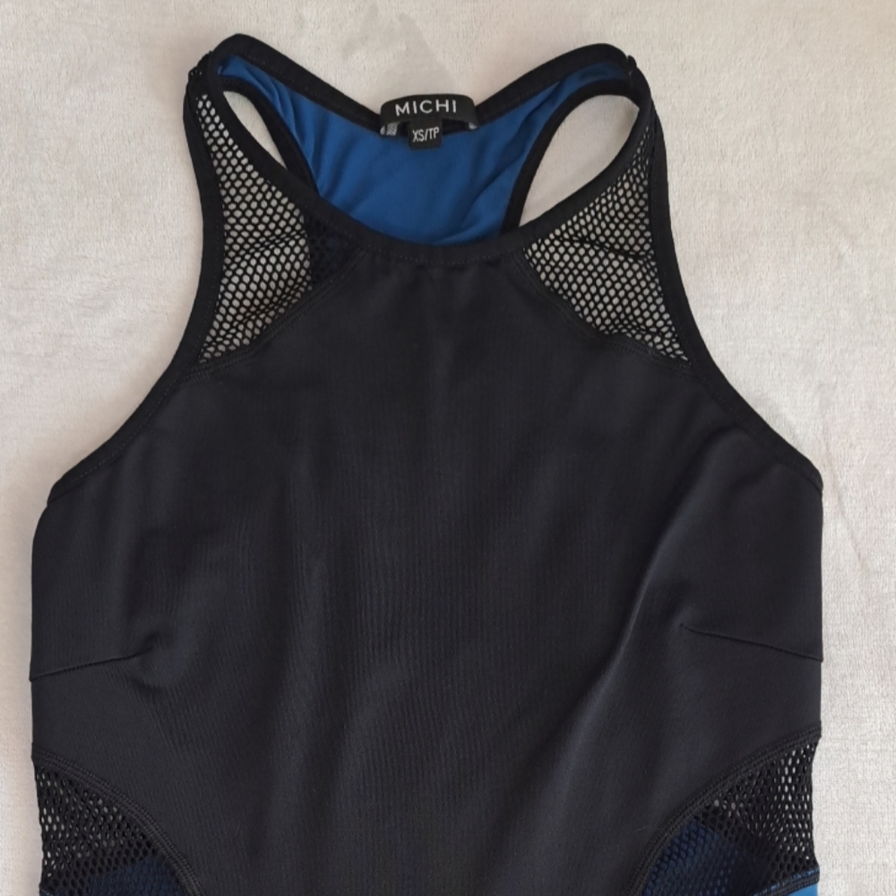 MICHI XS Blue Black Mesh Stretch Sleeveless Racerback Activewear Yoga Tank Top - Picture 13 of 15